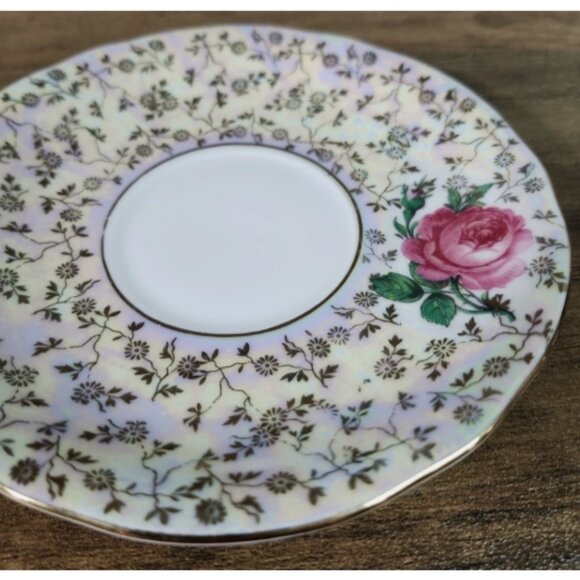 D - Dresden Porcelain Saucers Plates Iridescent w/Rose‎ and Gold Trim Set of 2 - Picture 6 of 9